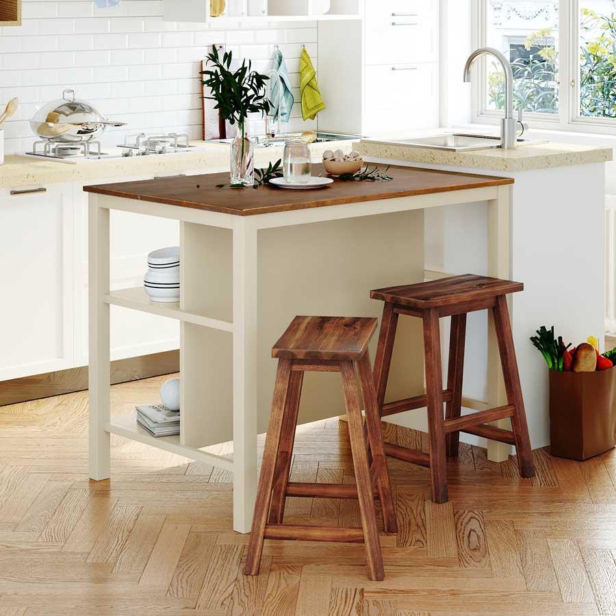 MERAX Solid Wood Rustic 3-Piece 45 Inch Kitchen Island Set With 2 Seatings, Rubber Wood Butcher Block Dining Table Set Prep Table Set With 2 Open Shelves For Small Places - 米色 - 查看 1