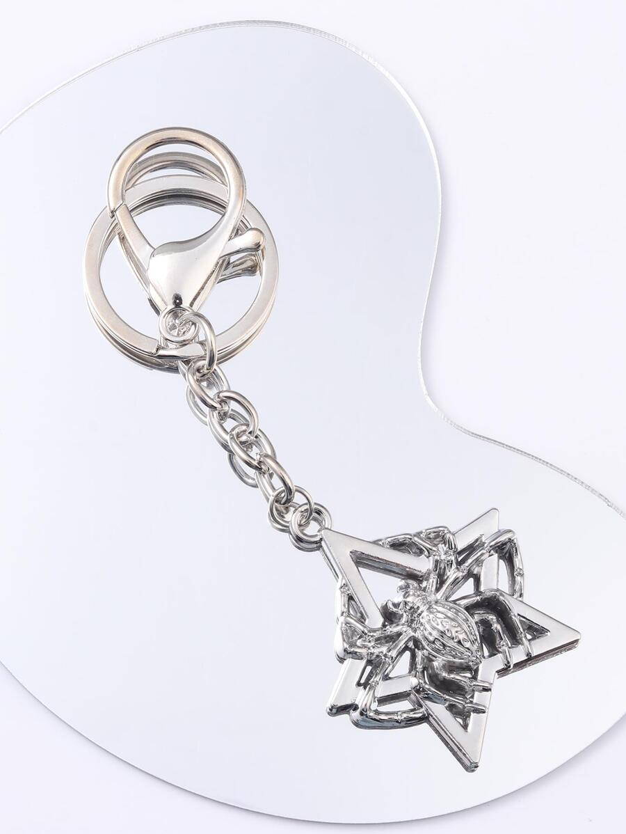 Men Spider & Star Charm Keychain - Silver - View 1
