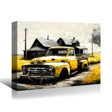 Yellow Rustic Barn Old Truck Rural Canvas Print Rattletrap Vetern Car forCountryside Farmhouse Wall Decor, Modern Vintage Bubbling Car Wall Art, & Yellow Truck Painting Framed Artwork for Home -Farm Wall Decor - DW0007 - 查看 3