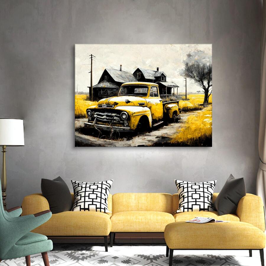 Yellow Rustic Barn Old Truck Rural Canvas Print Rattletrap Vetern Car forCountryside Farmhouse Wall Decor, Modern Vintage Bubbling Car Wall Art, & Yellow Truck Painting Framed Artwork for Home -Farm Wall Decor - DW0007 - 查看 1