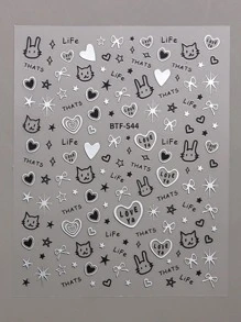 FULL BEAUTY 可愛貓兔子美甲貼紙5D壓花自黏式3D月亮星星指甲貼花適合女士和女孩亞克力指甲片DIY設計 - 黑與白 - 查看 4