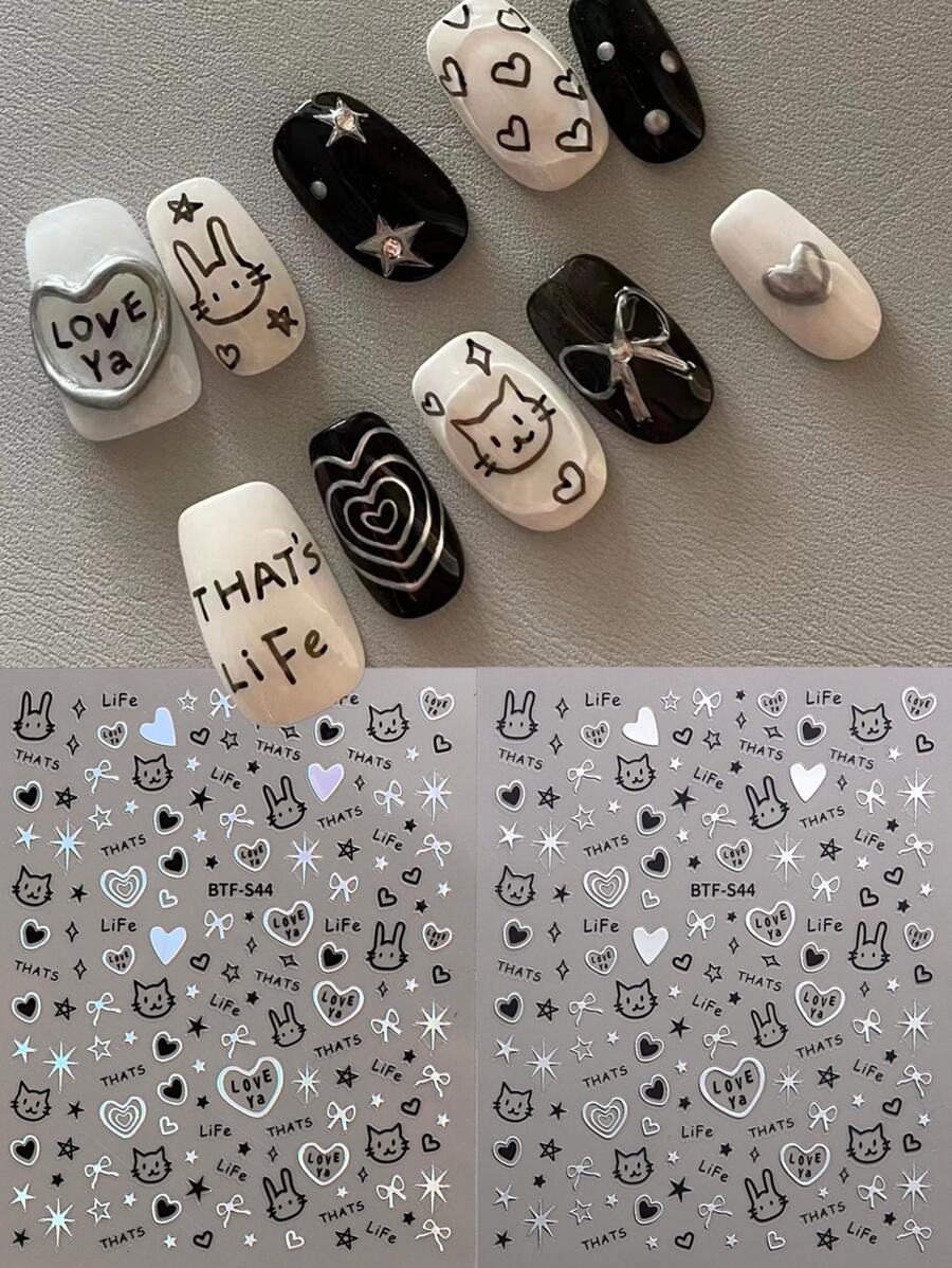 FULL BEAUTY 可愛貓兔子美甲貼紙5D壓花自黏式3D月亮星星指甲貼花適合女士和女孩亞克力指甲片DIY設計 - 黑與白 - 查看 1