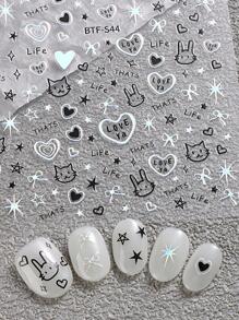 FULL BEAUTY 可愛貓兔子美甲貼紙5D壓花自黏式3D月亮星星指甲貼花適合女士和女孩亞克力指甲片DIY設計 - 黑與白 - 查看 3