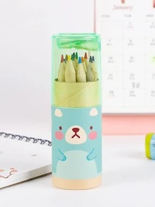 12pcs Cartoon Bear Print Pencil, Green Wood Colored Pencil For Painting - Green - View 1
