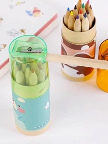 12pcs Cartoon Bear Print Pencil, Green Wood Colored Pencil For Painting - Green - View 2