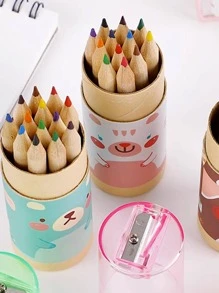 12pcs Cartoon Bear Print Pencil, Green Wood Colored Pencil For Painting - Green - View 4