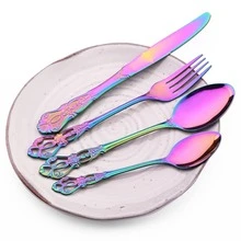 Jokipvy 24Pcs Cutlery Set Knife Fork Dessert Spoon Dinnerware Colorful Flatware Set Stainless Steel Silverware Home Kitchen Tableware - Multicolor - View 2
