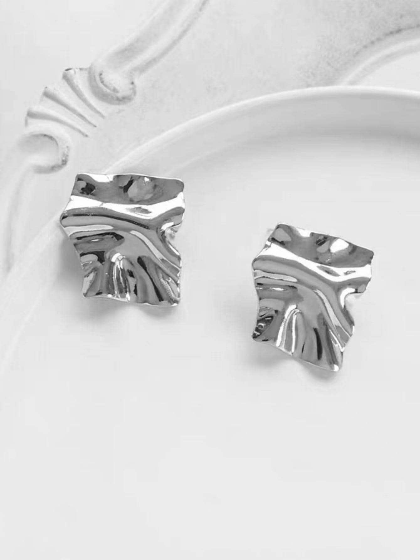 Textured Metal Stud Earrings - Silver - View 1