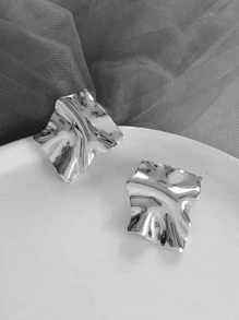 Textured Metal Stud Earrings - Silver - View 5