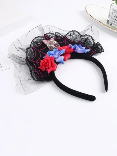1入組花朵裝飾黑色滌綸網紗裝飾頭帶適合派對