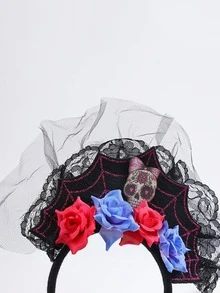 1 pieza con diseño de flor negro poliéster de malla decorativo cabeza banda para fiesta - Negro - Ver 2