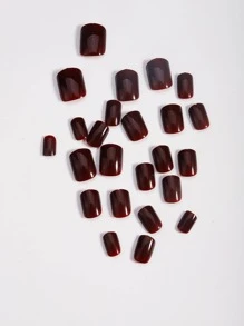 24入組光澤深酒紅色短方形全套假指甲套裝，經典壓克力假指甲用品，讓您的造型升級 - 酒紅色 - 查看 3