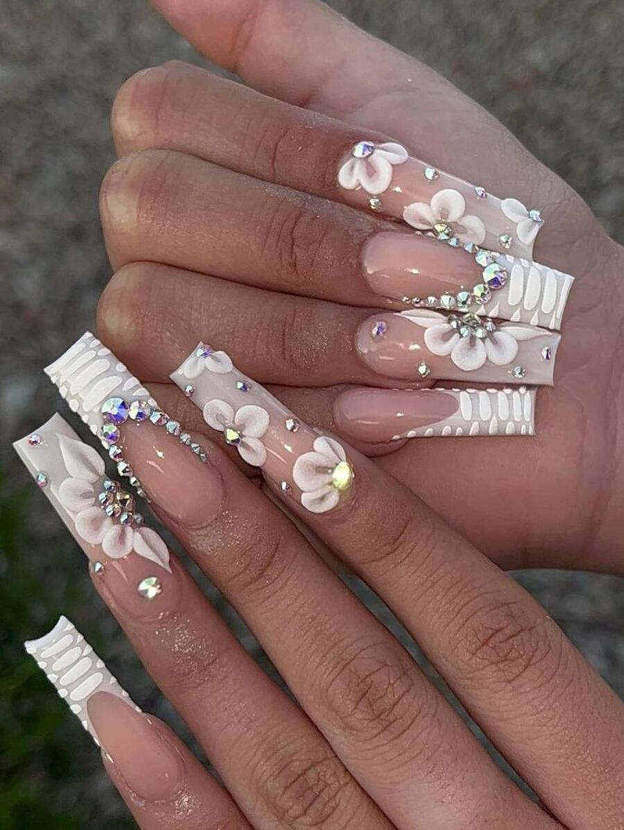 24 Chiếc Đầu Móng Tay Hình Quan Tài Với Rắn & Họa Tiết Hoa + 1 Dũa Móng Tay + 1 Thạch Gel ấn Vào Móng Tay Đồ Dùng Làm Móng - Nhiều màu - Xem 1