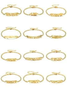 1 件复古欧美时尚不锈钢 12 星座古英文字母链式手链女士（日常佩戴、礼物）