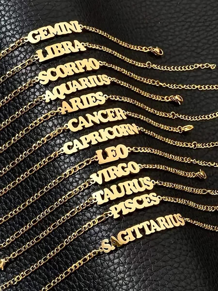 1 件复古欧美时尚不锈钢 12 星座古英文字母链式手链女士（日常佩戴、礼物）