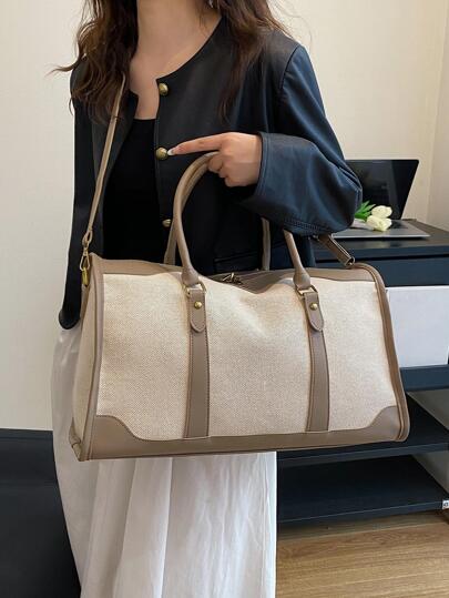 1pc Khaki Fashionable Contrast Color Large Capacity Handbag, Versatile Business Style Shoulder Bag, Travel Luggage Bag With Zipper Closure, Suitable For Business Trip, Travel, Casual, Outdoor, Yoga, College Student