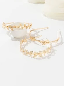 波西米亚风 3 件装仿珍珠、树叶和蝴蝶装饰时尚头带，适合派对或日常佩戴，女友头饰 - 金色 - 查看 3