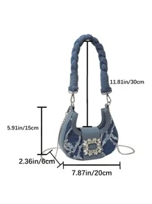 Mini Rhinestone Decor Túi Hobo Dây đeo bện - Màu xanh lam - Xem 7