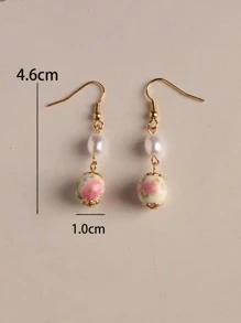 Flower Detail Faux Pearl Drop Earrings Valentines - Multicolor - View 2