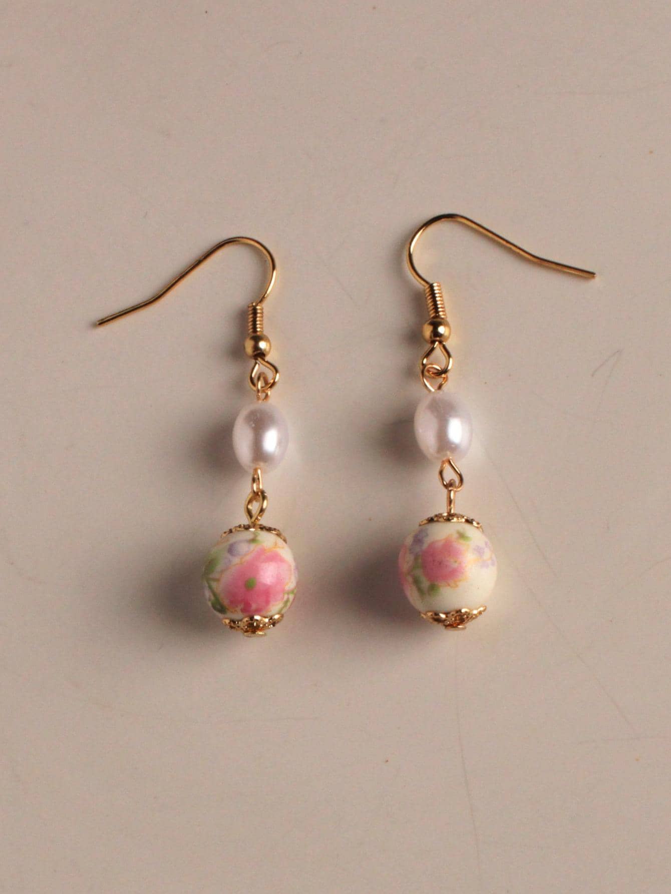 Flower Detail Faux Pearl Drop Earrings Valentines - Multicolor - View 1