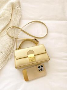 Fashionable Small Square Handbag With Lock Buckle Design - Gold - View 3