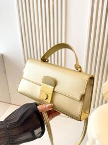 Fashionable Small Square Handbag With Lock Buckle Design - Gold - View 1