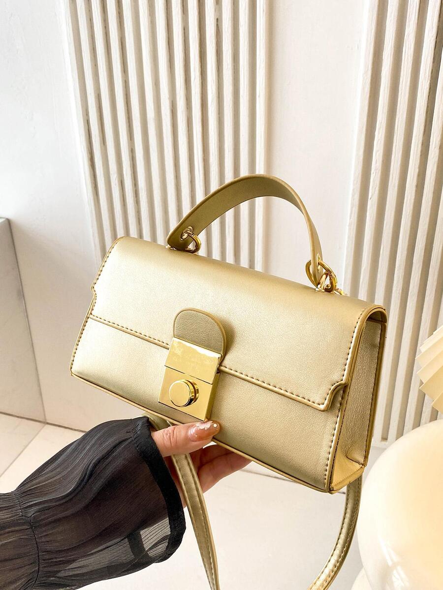Fashionable Small Square Handbag With Lock Buckle Design - Gold - View 1