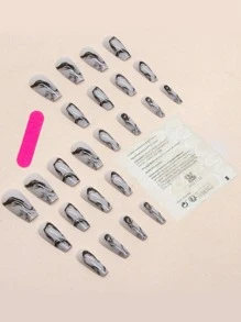 Upgrade Your Look With 24pcs Long Coffin Marble Pattern Press On Full Cover Fake Nail Kit - Multicolor - View 2
