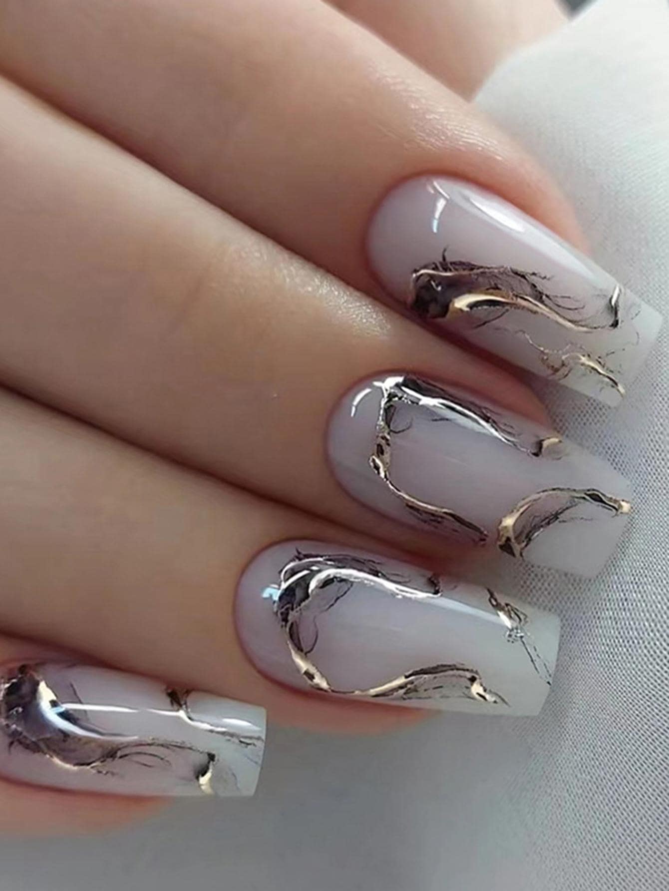 Upgrade Your Look With 24pcs Long Coffin Marble Pattern Press On Full Cover Fake Nail Kit - Multicolor - View 1