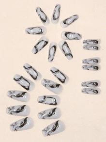 Upgrade Your Look With 24pcs Long Coffin Marble Pattern Press On Full Cover Fake Nail Kit - Multicolor - View 3