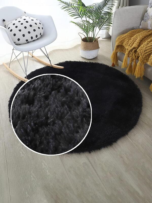 1pc 1.4inch High Pile Round Carpet, Solid Black Shaggy Round Carpet, 100% Polyester Plush Sponge Interlayer Living Room Anti-Slip Decorative Carpet ,Room Decor