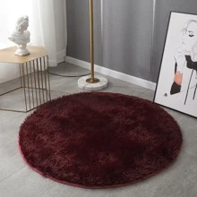 Solid Fuzzy Round Rug, Burgundy Plush Soft Carpet, For Living Room, Bedroom - Burgundy - View 3