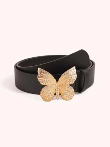 1入組女性水鑽裝飾蝴蝶扣飾時尚皮帶適用於日常生活 - 黑色 - 查看 1