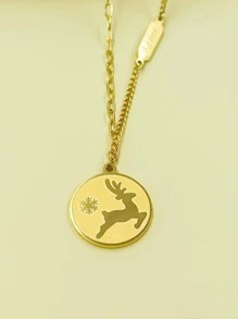 Deer Detail Round Charm Necklace - Yellow Gold - View 3