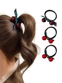 3入組女士櫻桃和蝴蝶結裝飾可愛髮圈適用於頭髮裝飾用品 - 彩色 - 查看 1