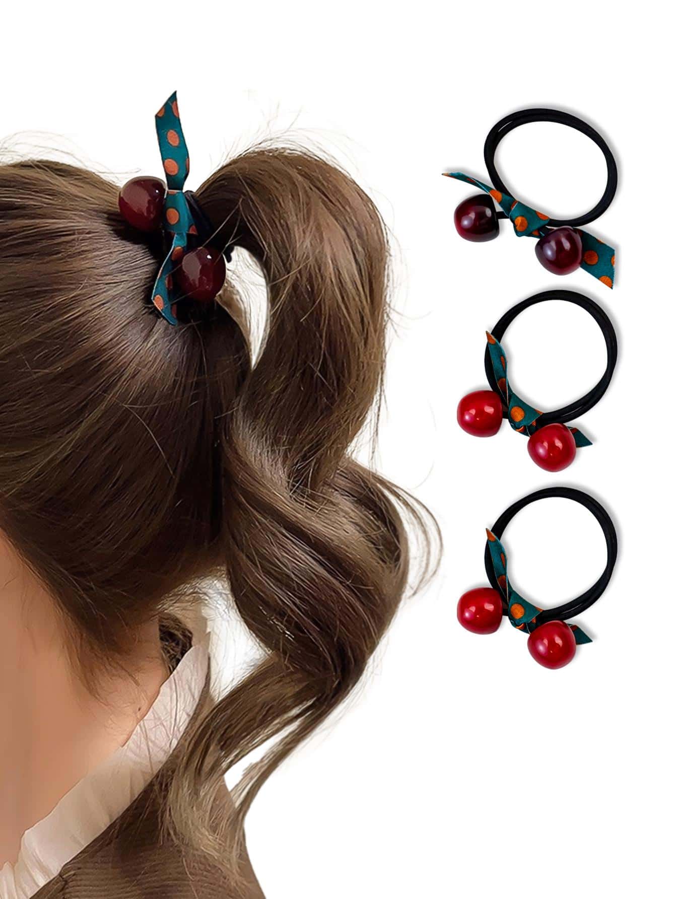 3入組女士櫻桃和蝴蝶結裝飾可愛髮圈適用於頭髮裝飾用品 - 彩色 - 查看 1
