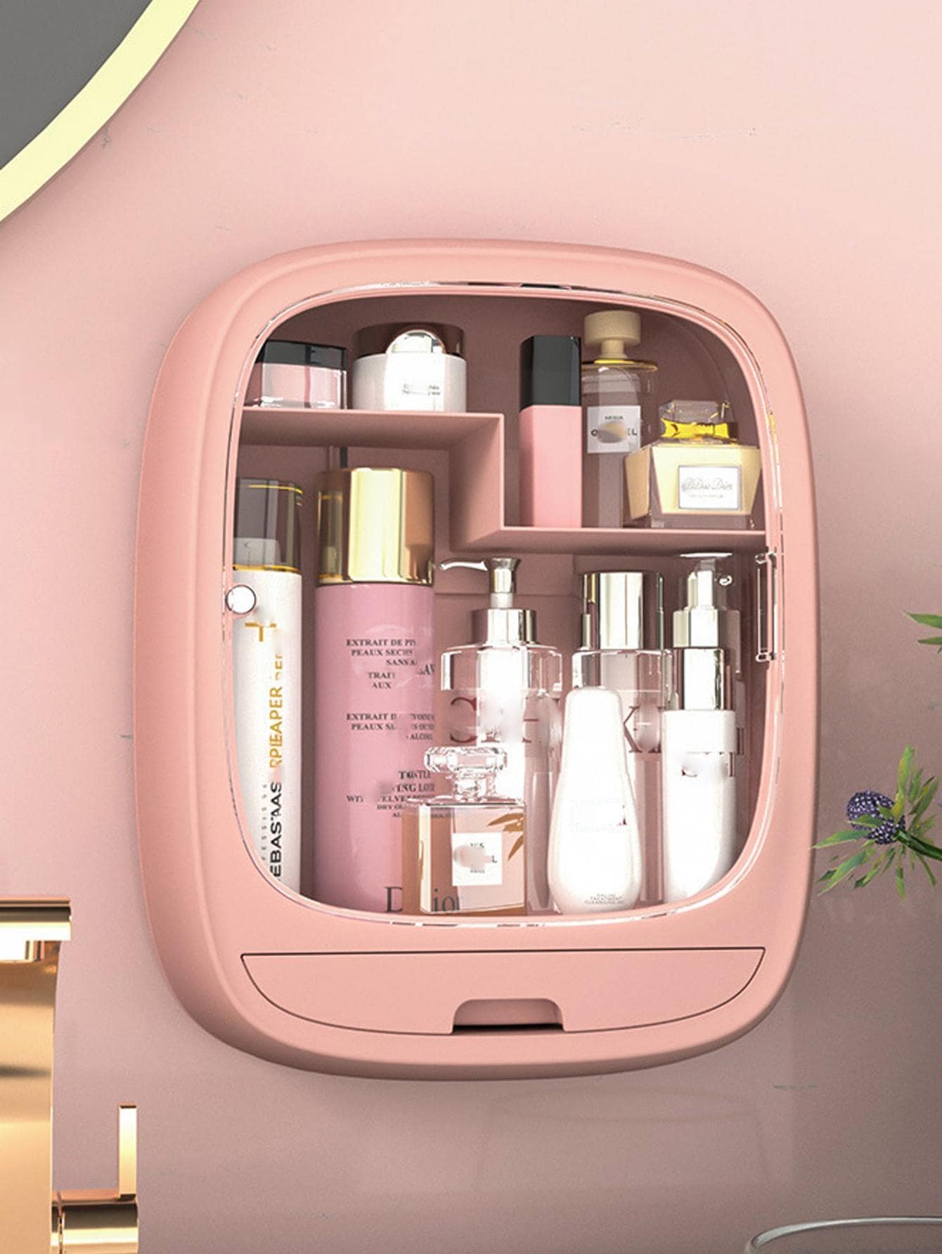 1pc Wall Mounted Cosmetic Storage Box, Pink Plastic Makeup Storage Rack For Bathroom - Pink - View 2