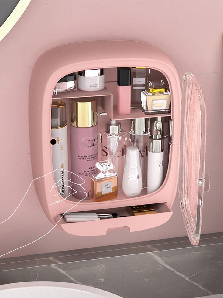 1pc Wall Mounted Cosmetic Storage Box, Pink Plastic Makeup Storage Rack For Bathroom - Pink - View 1