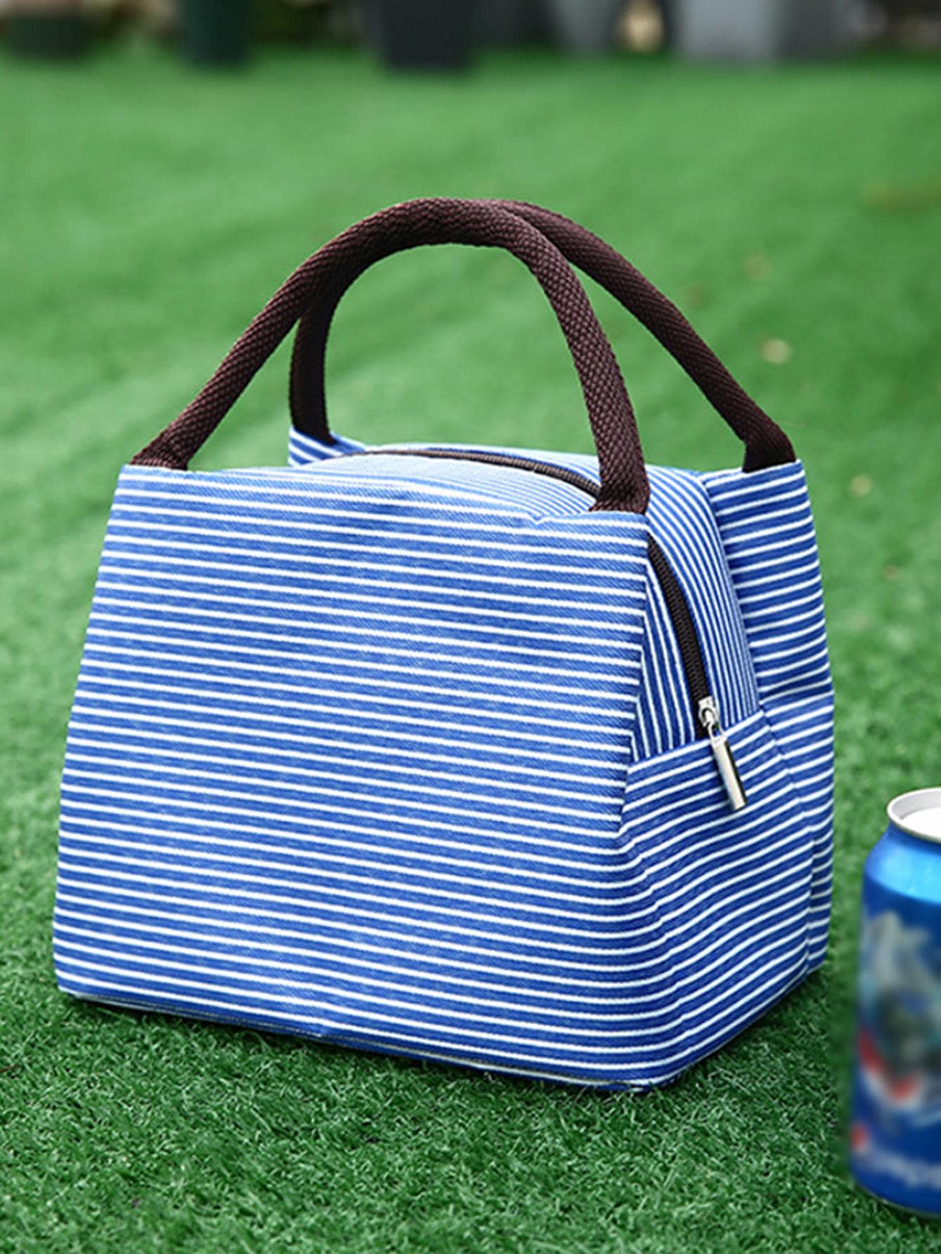 1pc Striped Pattern Lunch Bag, Modern Polyester Portable Insulated Lunch Bag For Outdoor - Blue - View 1