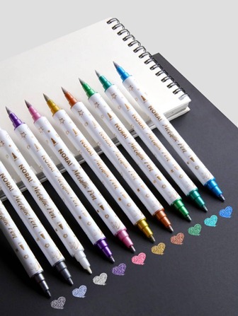 10 支金屬記號筆雙尖刷和細尖筆,適用於 Diy 相簿、黑卡、剪貼簿、工藝用品,陶瓷、石材、玻璃