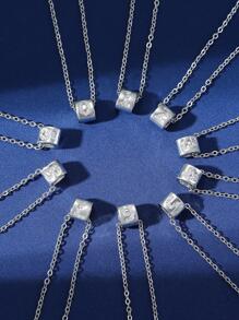 1入組時尚不銹鋼方晶鋯石數字裝飾幾何吊墜項鍊適合女士適用於禮品 - 銀色 - 查看 1