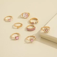 8pcs Yin & Yang & Rhinestone Decor Ring - Yellow Gold - View 3