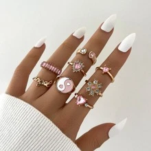 8pcs Yin & Yang & Rhinestone Decor Ring - Yellow Gold - View 1