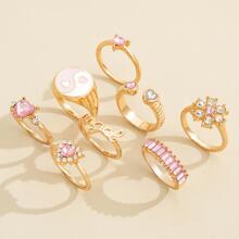 8pcs Yin & Yang & Rhinestone Decor Ring - Yellow Gold - View 4