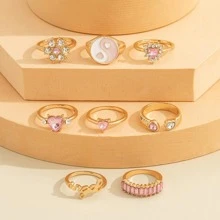 8pcs Yin & Yang & Rhinestone Decor Ring - Yellow Gold - View 5