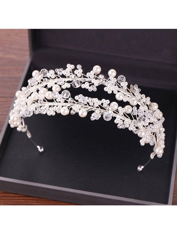 1 pieza Diadema de doble  de perlas con decoración de corona, accesorio elegante y romántico para el cabello para bodas, banquetes, desempeño de tiaras