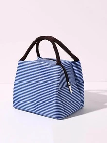 1pc Striped Pattern Lunch Bag, Modern Polyester Portable Insulated Lunch Bag For Outdoor - Blue - View 3