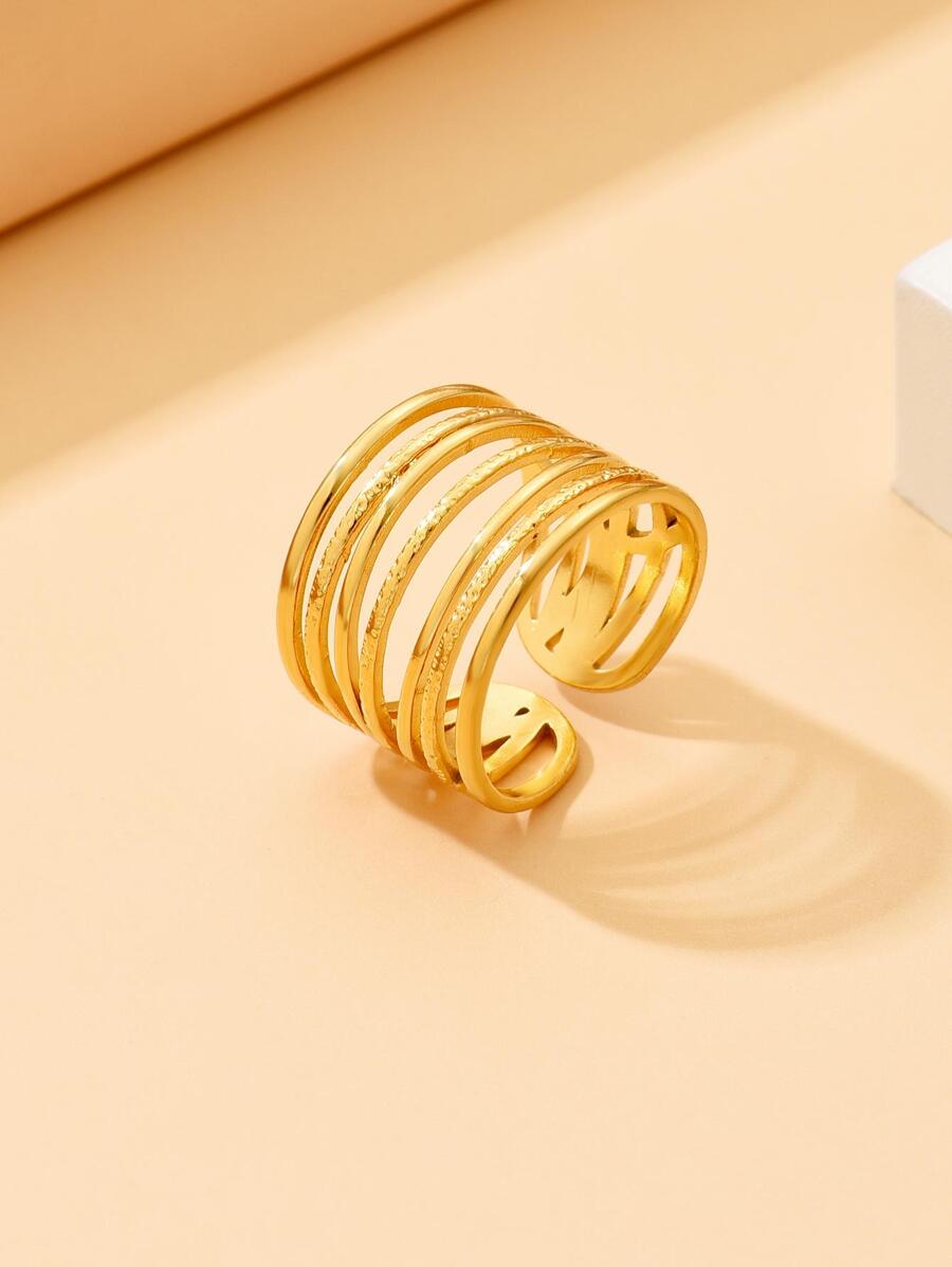 鏤空不銹鋼多層開口戒指 - 金色 - 查看 1