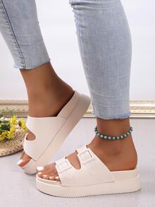 Pantuflas con plataforma y detalle de hebilla - Beis - Ver 3