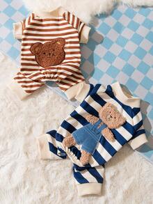 1入組條紋印花熊裝飾寵物連體褲 - 藍色 - 查看 2